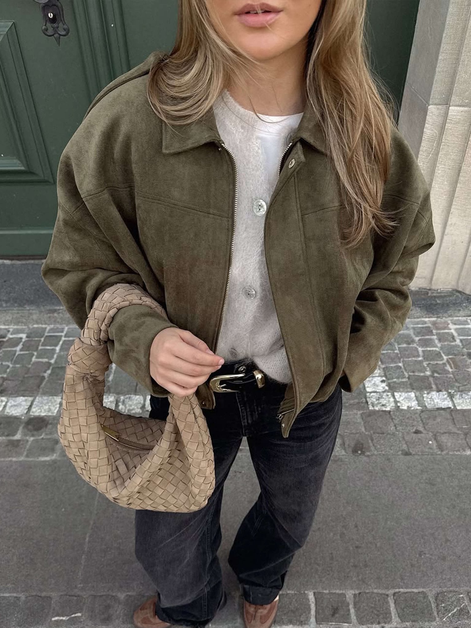 Women's Faux Suede Collared Bomber Jacket in Green - lifestyle view | Hensley London
