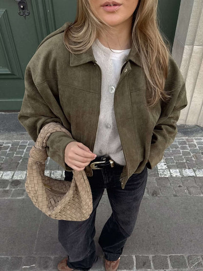 Women's Faux Suede Collared Bomber Jacket in Green - lifestyle view | Hensley London