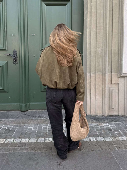 Women's Faux Suede Collared Bomber Jacket in Green - back view | Hensley London