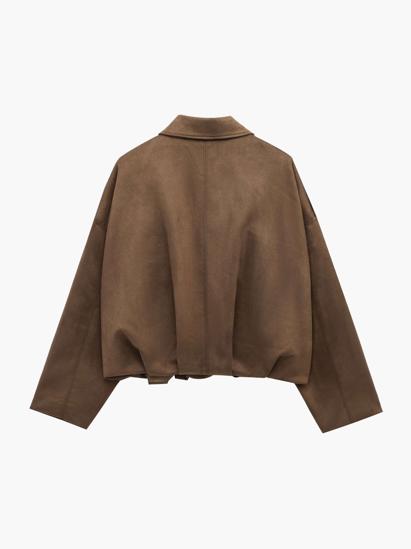 Women's Faux Suede Collared Bomber Jacket in Brown - back product view | Hensley London