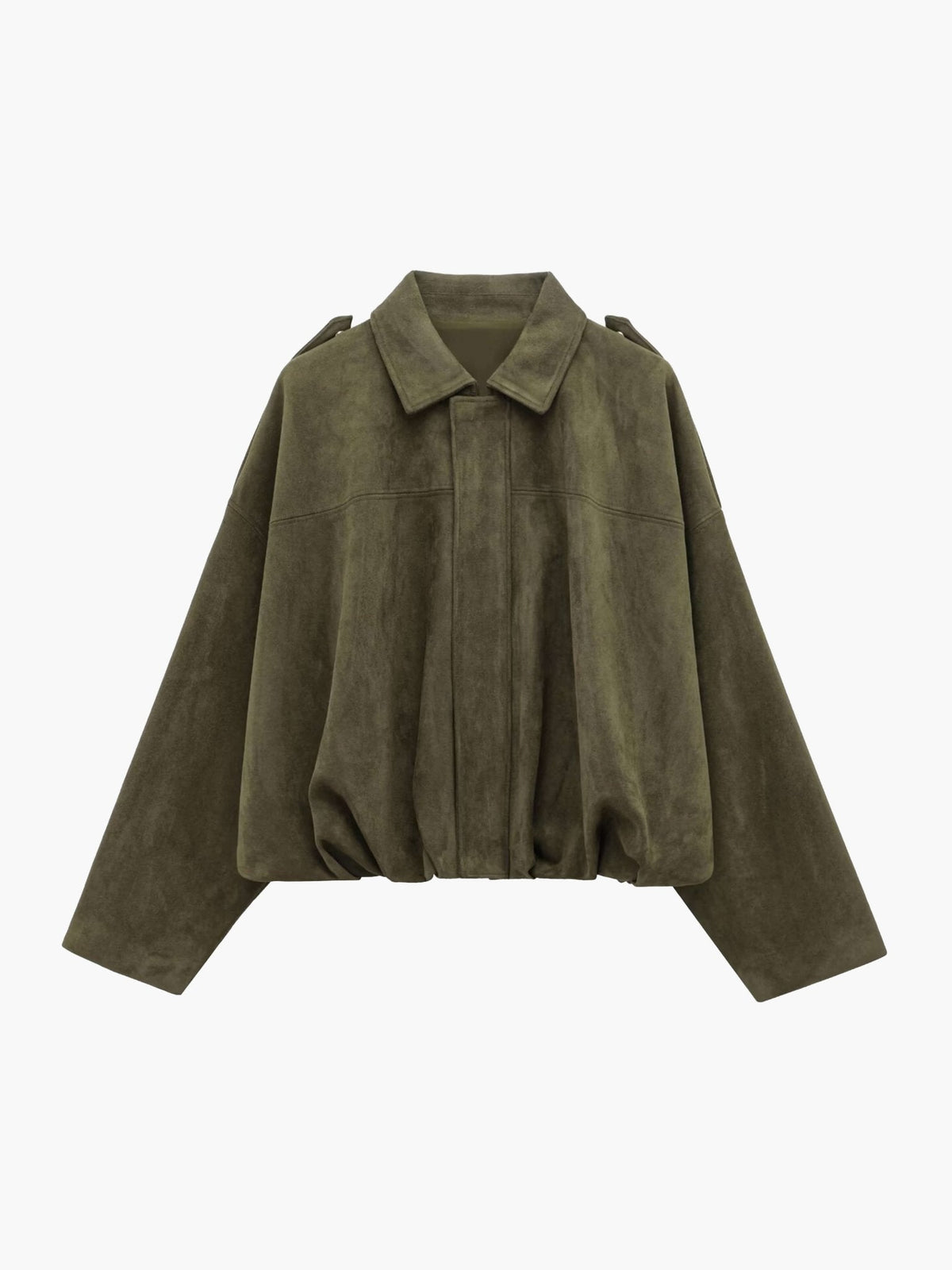 Women's Faux Suede Collared Bomber Jacket in Green - front product view | Hensley London