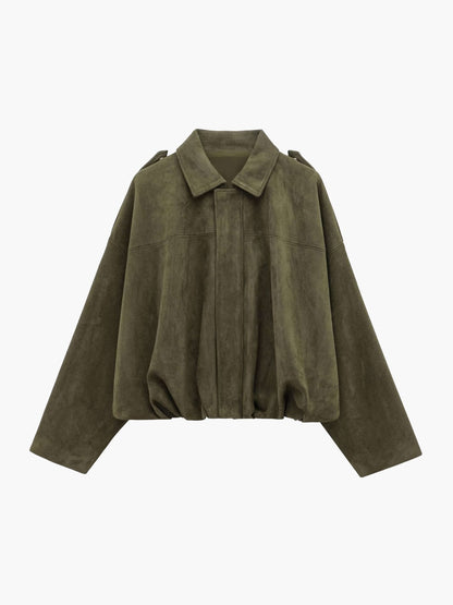 Women's Faux Suede Collared Bomber Jacket in Green - front product view | Hensley London