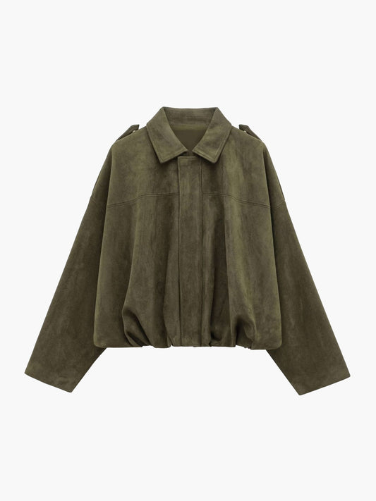 Women's Faux Suede Collared Bomber Jacket in Green - front product view | Hensley London