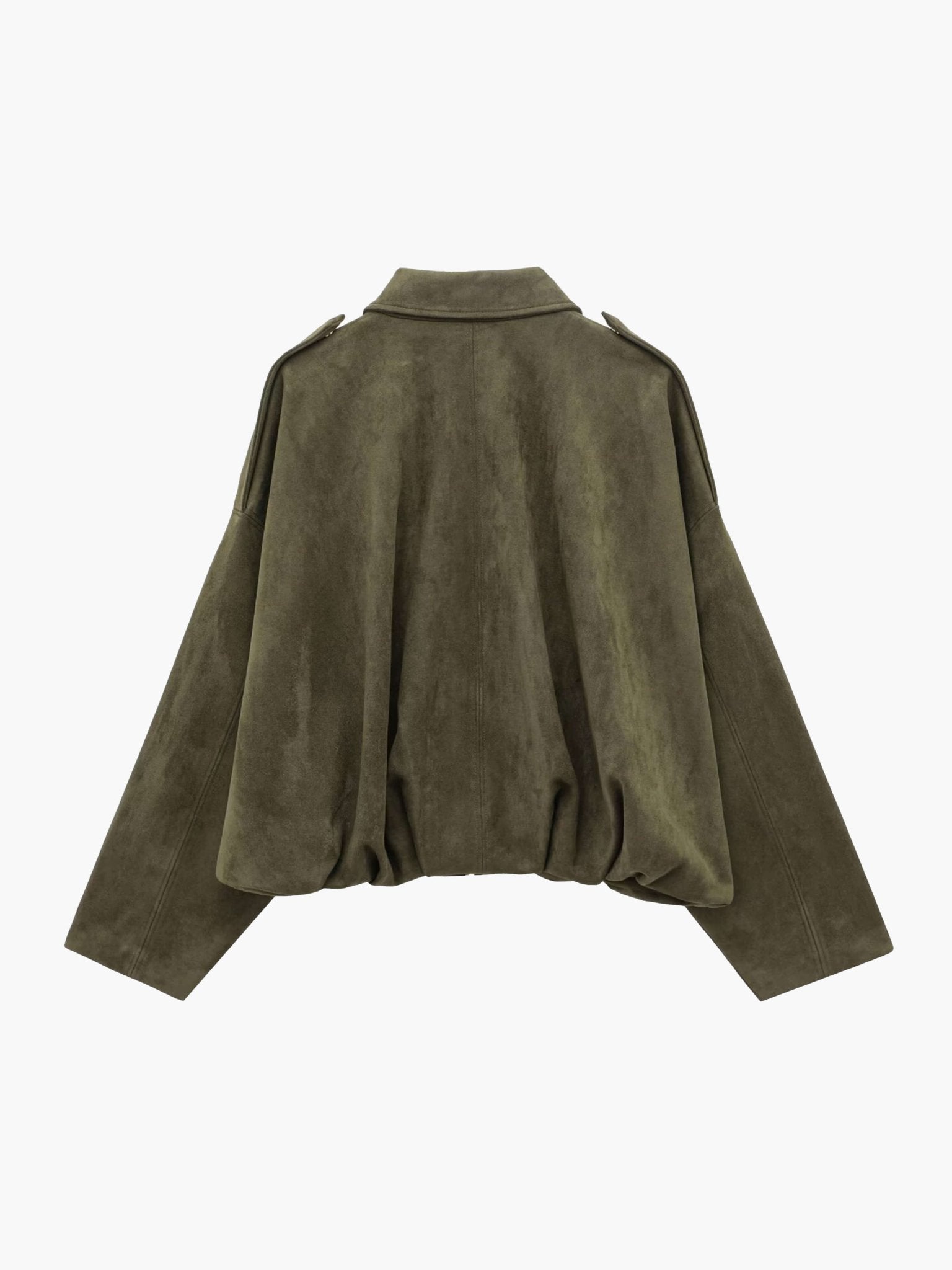 Women's Faux Suede Collared Bomber Jacket in Green - back product view | Hensley London