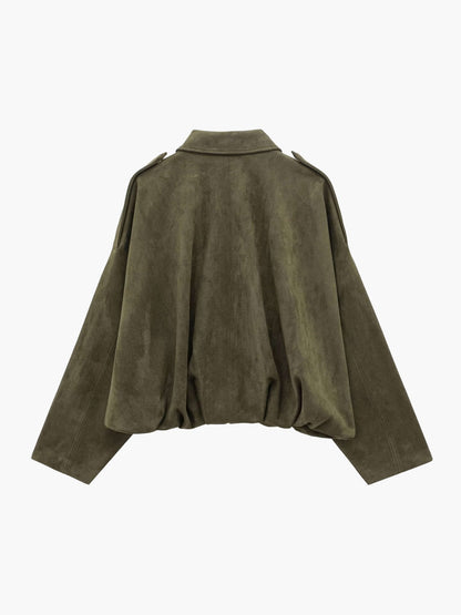 Women's Faux Suede Collared Bomber Jacket in Green - back product view | Hensley London
