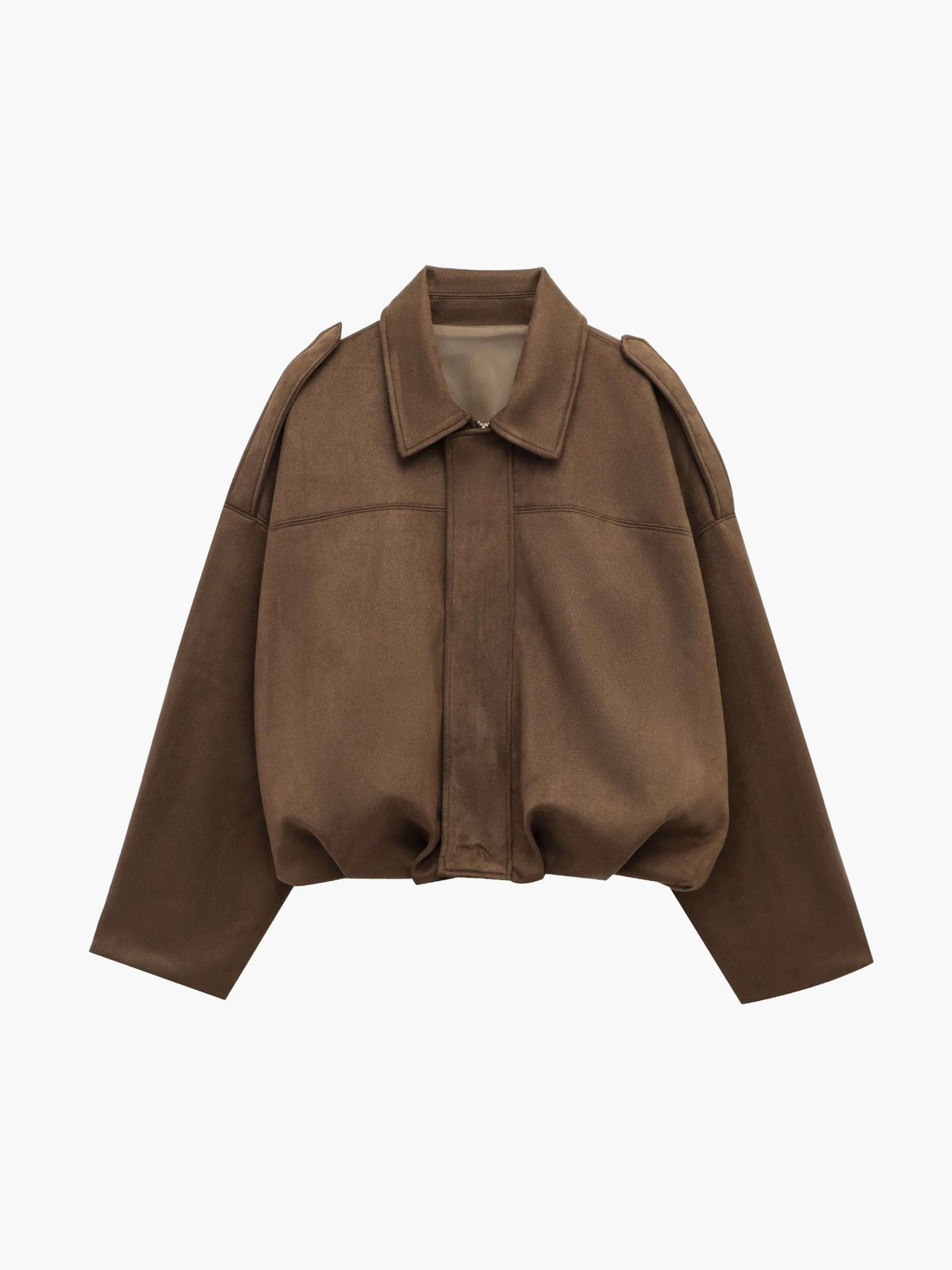 Women's Faux Suede Collared Bomber Jacket in Brown - front product view | Hensley London