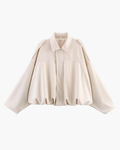 Women's Faux Suede Collared Bomber Jacket in Creme - front product view | Hensley London