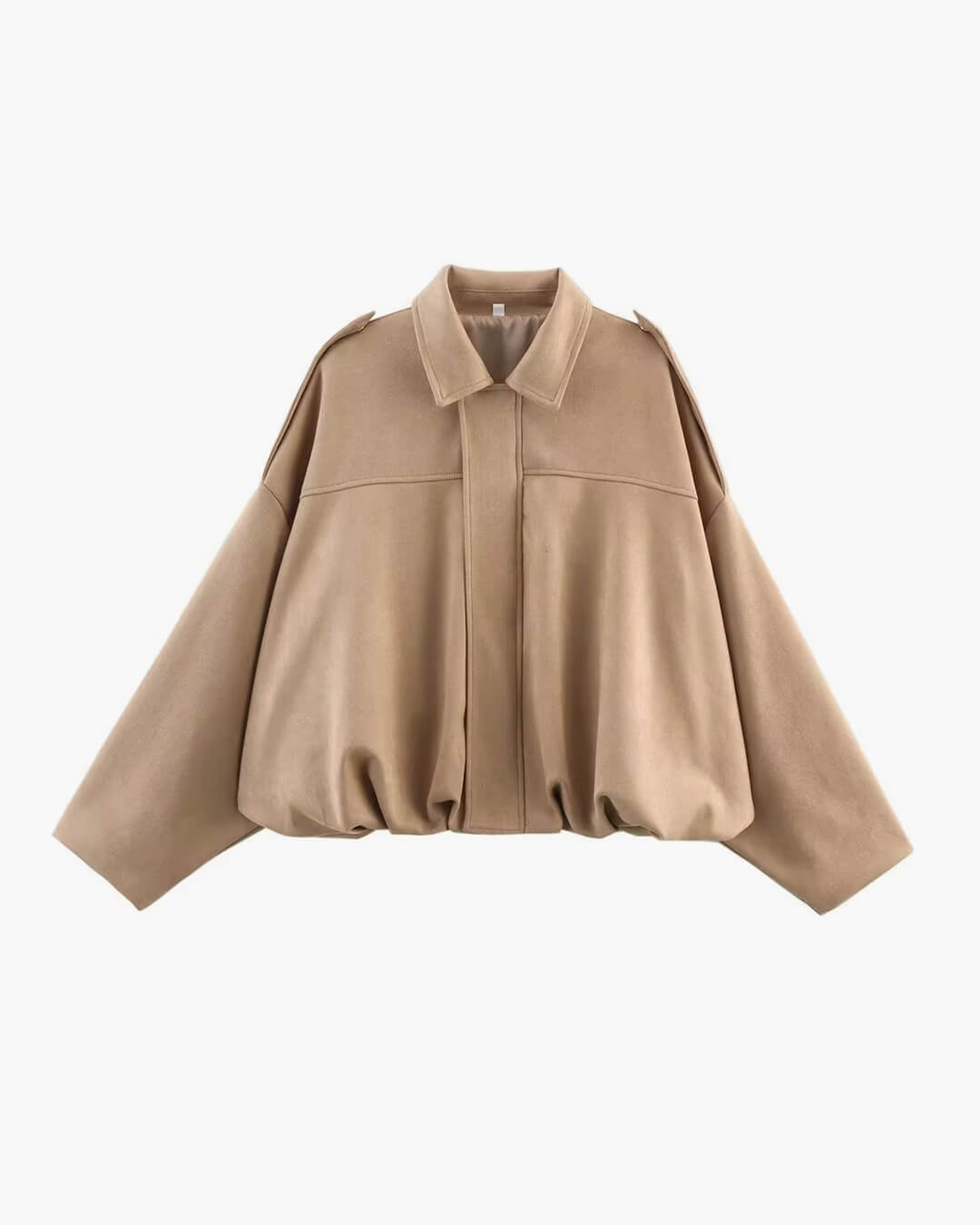 Women's Faux Suede Collared Bomber Jacket in Beige - front product view | Hensley London