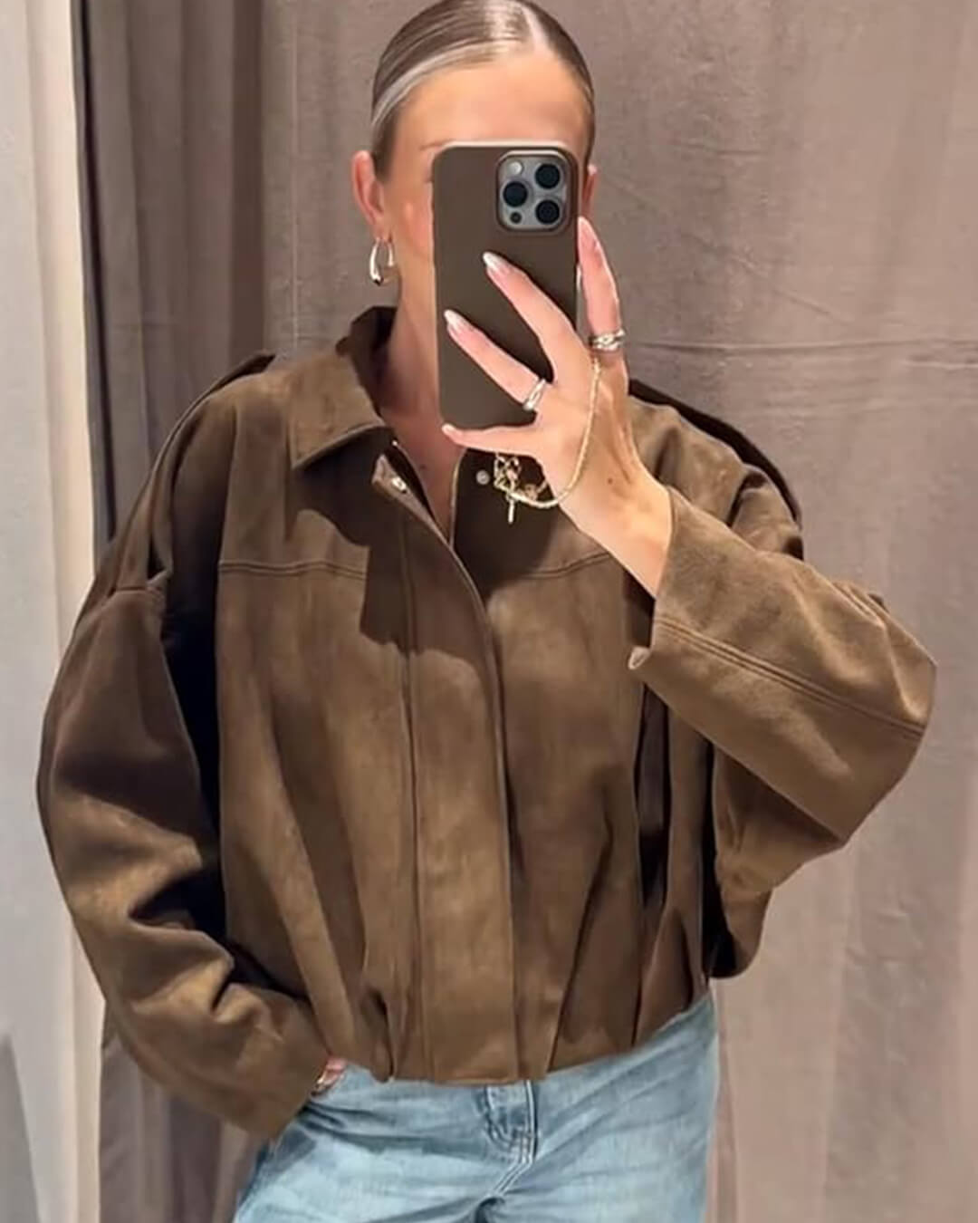 Women's Faux Suede Collared Bomber Jacket in Coffee - lifestyle view | Hensley London
