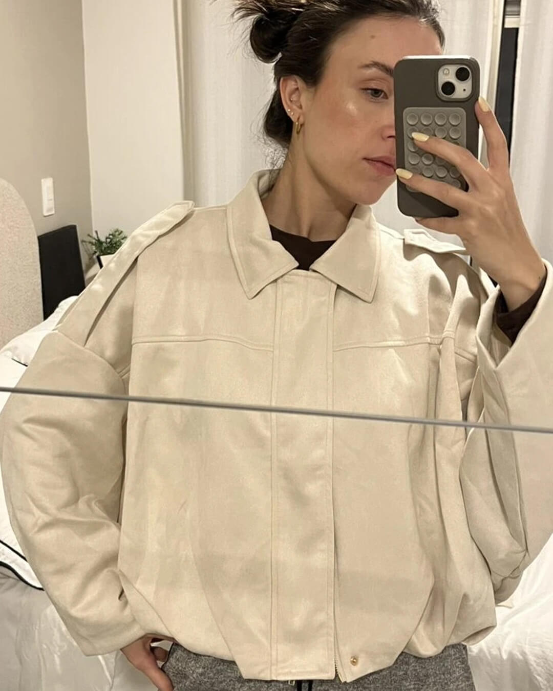 Women's Faux Suede Collared Bomber Jacket in Creme - lifestyle view | Hensley London