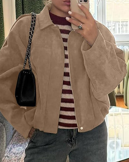 Women's Faux Suede Collared Bomber Jacket in Beige - lifestyle view | Hensley London