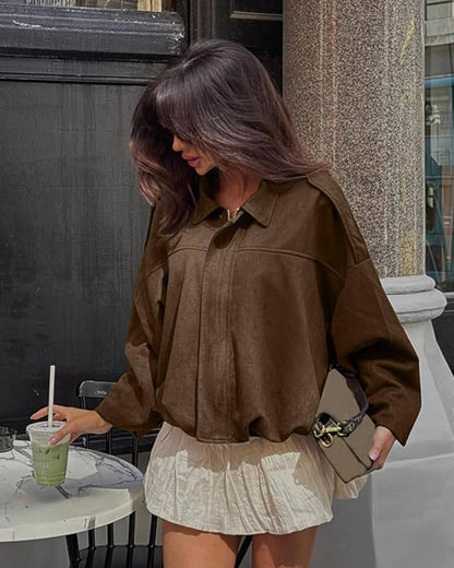 Women's Faux Suede Collared Bomber Jacket in Brown - lifestyle view | Hensley London