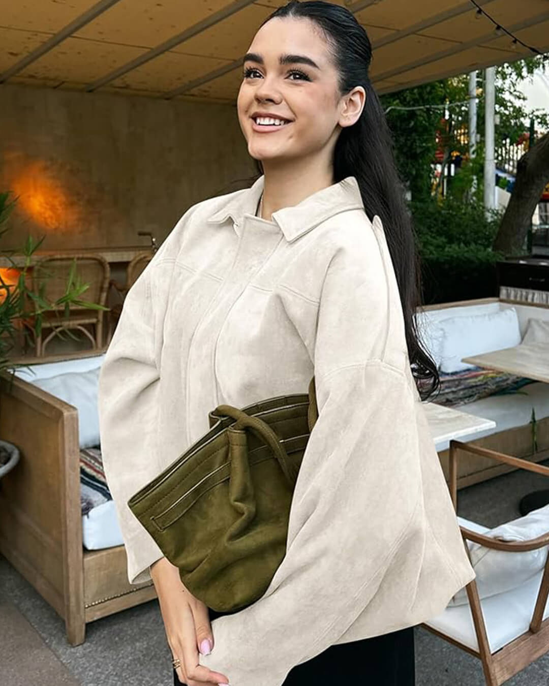 Women's Faux Suede Collared Bomber Jacket in Creme - lifestyle view | Hensley London