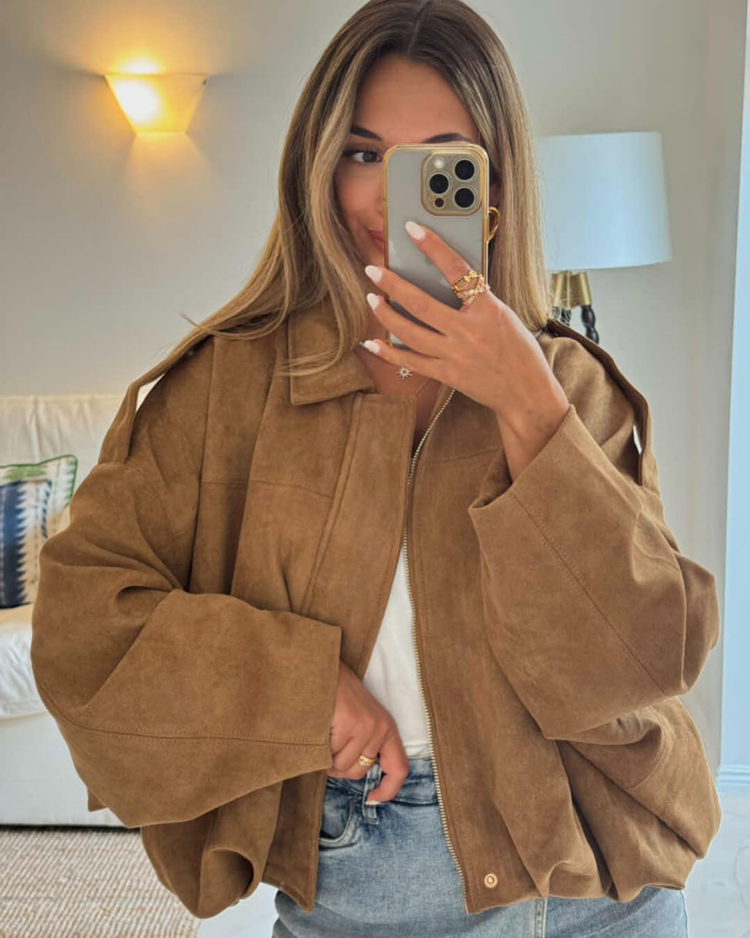 Women's Faux Suede Collared Bomber Jacket in Brown - lifestyle view | Hensley London
