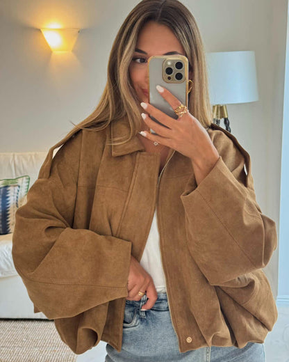 Women's Faux Suede Collared Bomber Jacket in Brown - lifestyle view | Hensley London