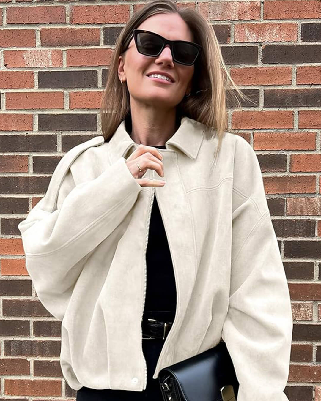 Women's Faux Suede Collared Bomber Jacket in Creme - lifestyle view | Hensley London