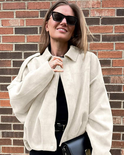Women's Faux Suede Collared Bomber Jacket in Creme - lifestyle view | Hensley London