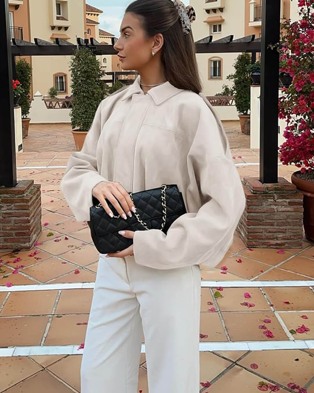 Women's Faux Suede Collared Bomber Jacket in Creme - lifestyle view | Hensley London