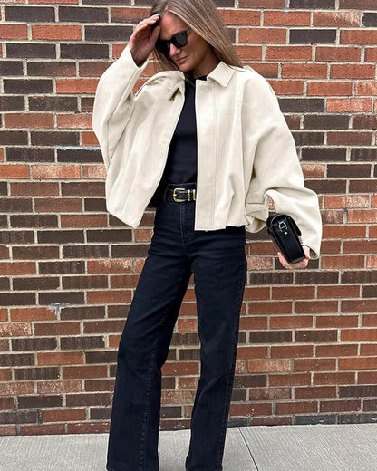 Women's Faux Suede Collared Bomber Jacket in Creme - lifestyle view | Hensley London