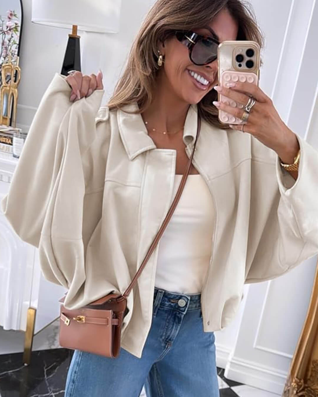 Women's Faux Suede Collared Bomber Jacket in Creme - lifestyle view | Hensley London