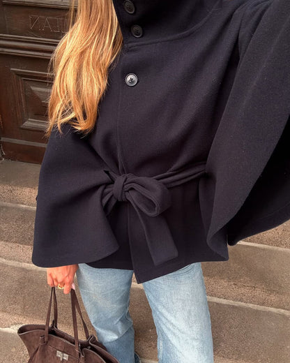 Women's High-Neck Belted Cape Jacket in Navy - belt detail | Hensley London