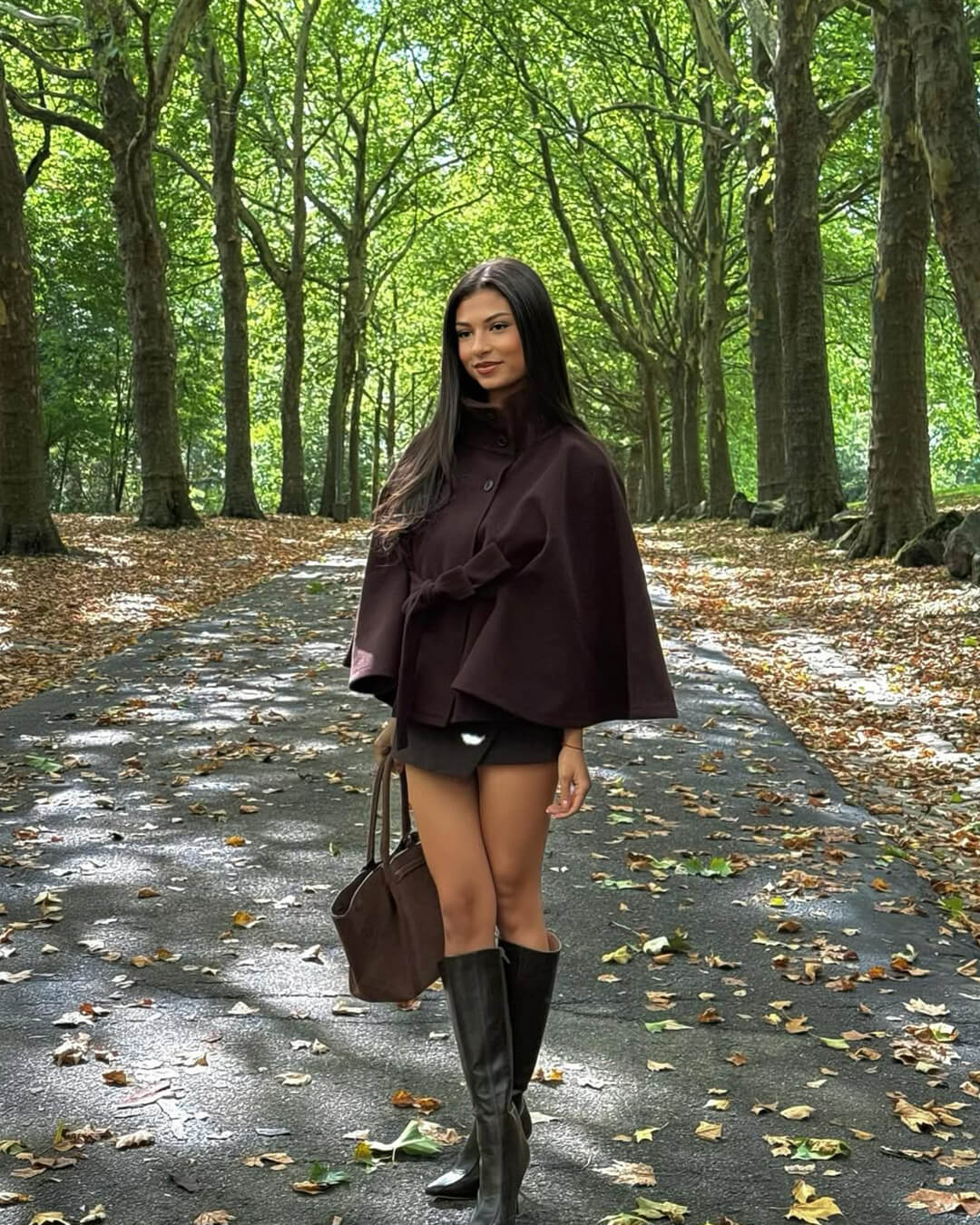 Women's High-Neck Belted Cape Jacket in Brown - lifestyle view | Hensley London