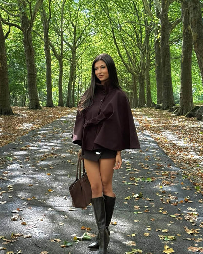 Women's High-Neck Belted Cape Jacket in Brown - lifestyle view | Hensley London