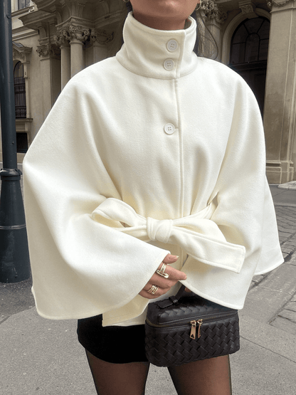 Women's High-Neck Belted Cape Jacket in White - front view | Hensley London