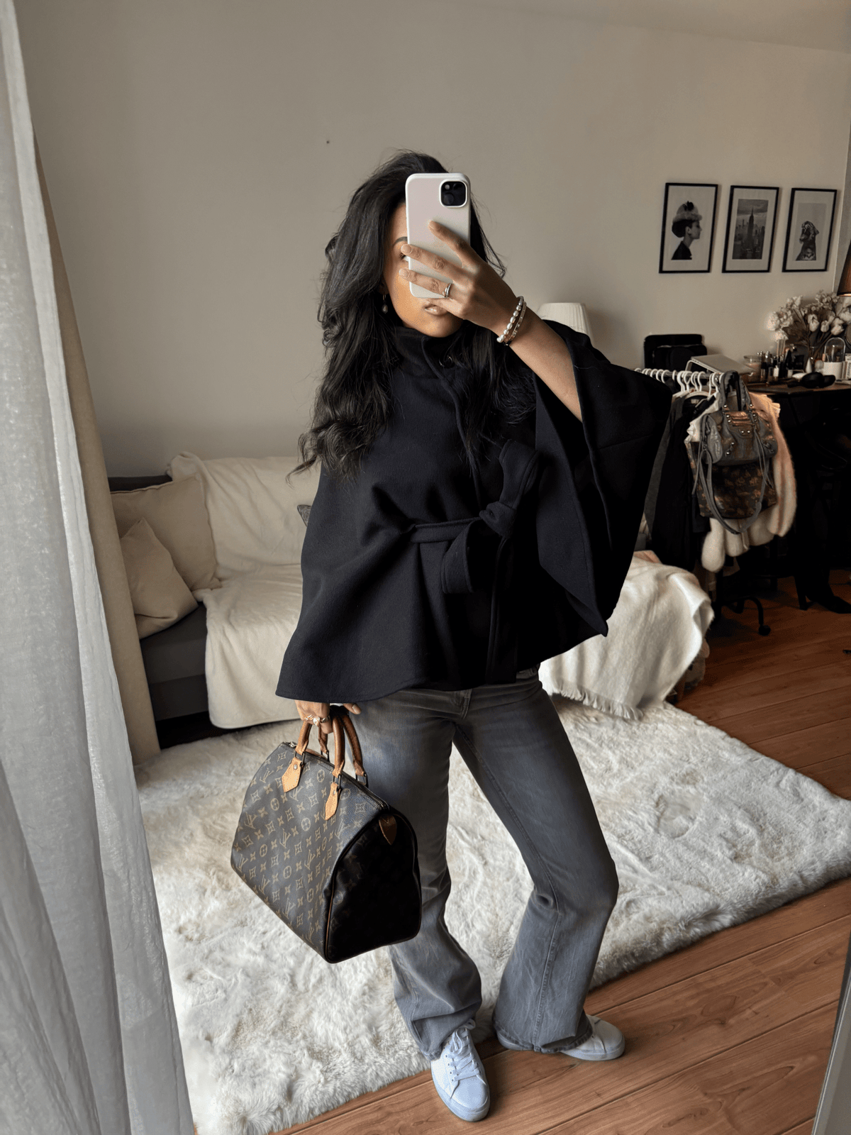 Women's High-Neck Belted Cape Jacket in Black - lifestyle view | Hensley London