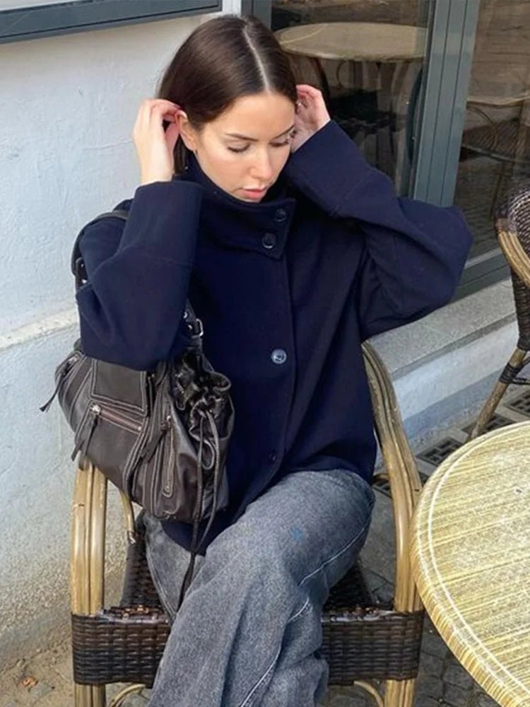 Women's Stand-Collar Button-Front Jacket in Navy Blue - lifestyle view | Hensley London