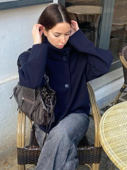 Women's Stand-Collar Button-Front Jacket in Navy Blue - lifestyle view | Hensley London