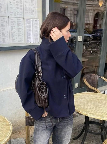 Women's Stand-Collar Button-Front Jacket in Navy Blue - lifestyle view | Hensley London
