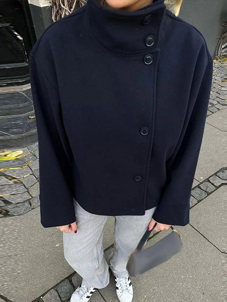 Women's Stand-Collar Button-Front Jacket in Navy Blue - front detail | Hensley London