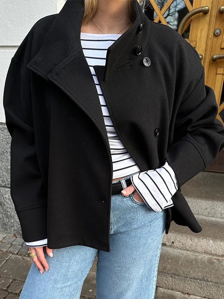 Women's Stand-Collar Button-Front Jacket in Black - front detail | Hensley London