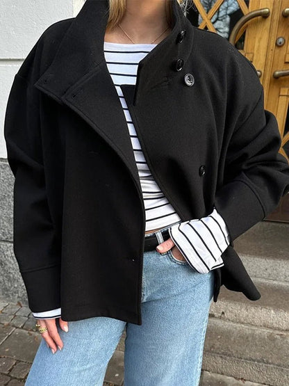 Women's Stand-Collar Button-Front Jacket in Black - front detail | Hensley London