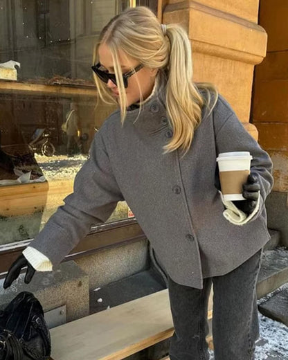 Women's Stand-Collar Button-Front Jacket in Grey - lifestyle view | Hensley London