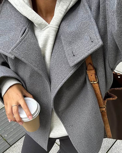 Women's Stand-Collar Button-Front Jacket in Grey - lapel detail | Hensley London