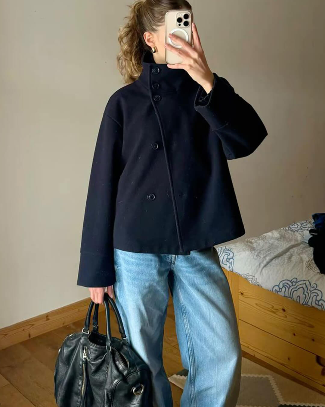 Women's Stand-Collar Button-Front Jacket in Navy Blue - lifestyle view | Hensley London
