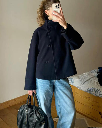 Women's Stand-Collar Button-Front Jacket in Navy Blue - lifestyle view | Hensley London