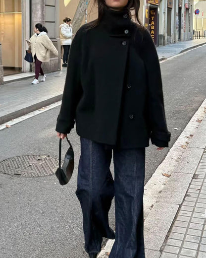 Women's Stand-Collar Button-Front Jacket in Black - lifestyle view | Hensley London