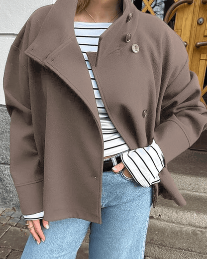 Women's Stand-Collar Button-Front Jacket in Taupe - front detail | Hensley London