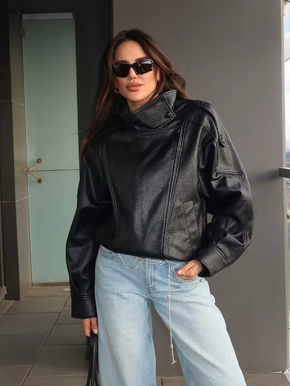 Women's Vegan Leather Asymmetrical Zip Jacket in Black - lifestyle view | Hensley London