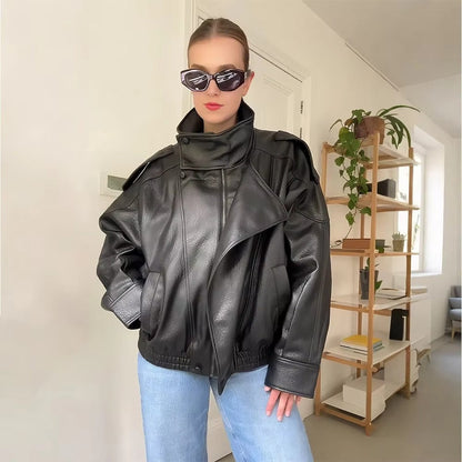 Women's Vegan Leather Asymmetrical Zip Jacket in Black - lifestyle view | Hensley London