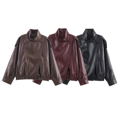 Women's Vegan Leather Asymmetrical Zip Jacket in Black, Brown and Red - color assortment | Hensley London