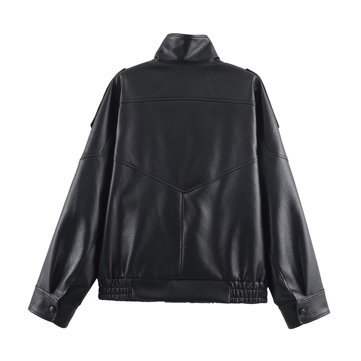 Women's Vegan Leather Asymmetrical Zip Jacket in Black - back product view | Hensley London