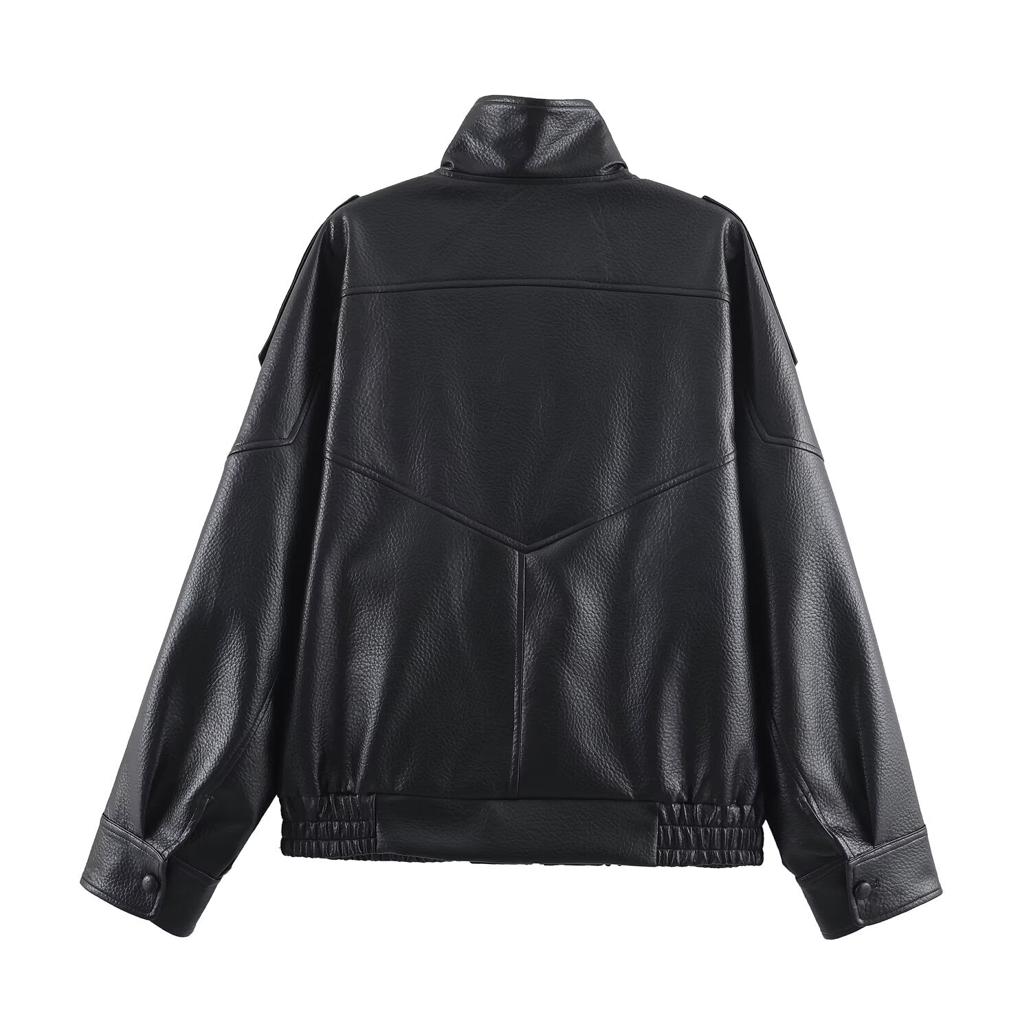 Women's Vegan Leather Asymmetrical Zip Jacket in Black - back product view | Hensley London