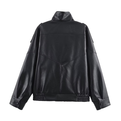 Women's Vegan Leather Asymmetrical Zip Jacket in Black - back product view | Hensley London