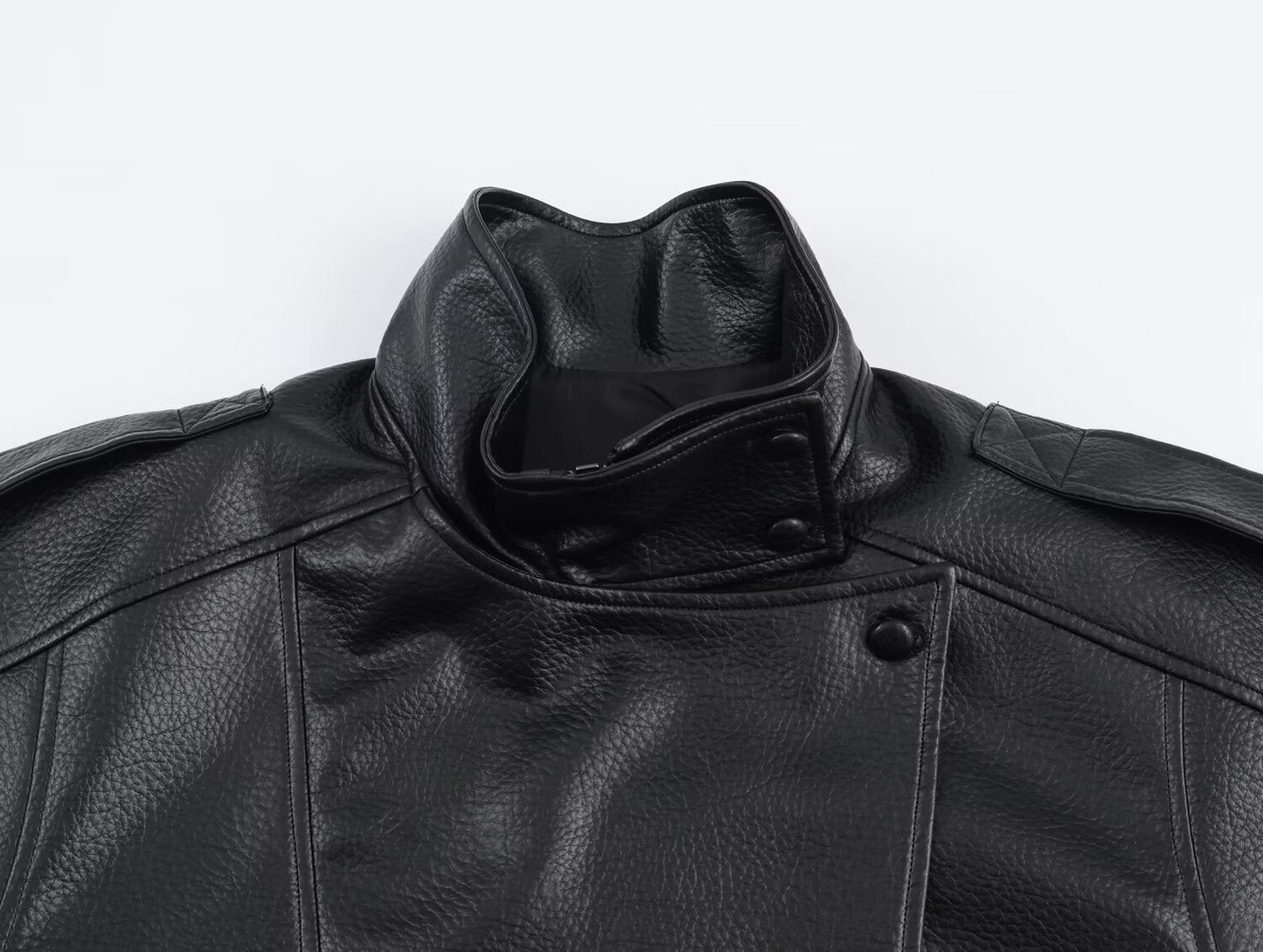 Women's Vegan Leather Asymmetrical Zip Jacket in Black - collar detail | Hensley London