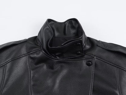 Women's Vegan Leather Asymmetrical Zip Jacket in Black - collar detail | Hensley London