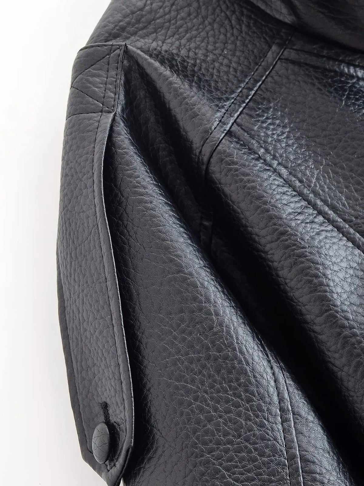 Women's Vegan Leather Asymmetrical Zip Jacket in Black - shoulder detail | Hensley London